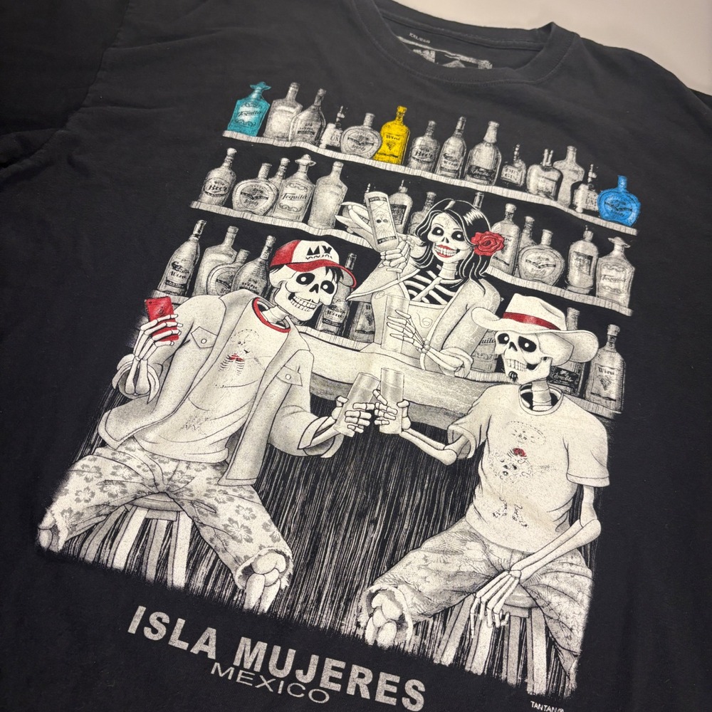 Isla Mujeres Mexico Tan Tan Graphic T-Shirt Skeleton Tequila Bar‎ XXL